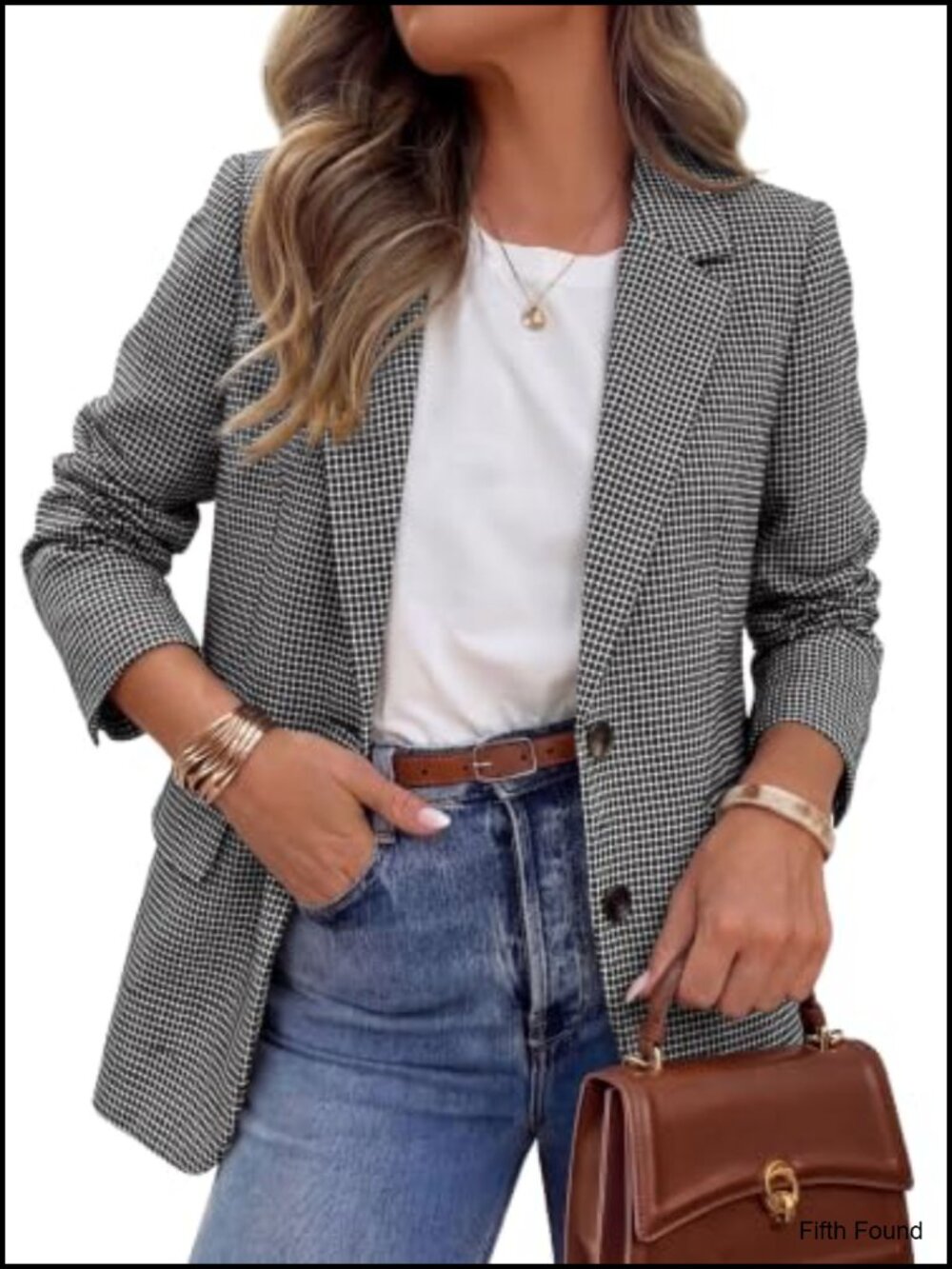 Plaid Houndstooth Blazer Women Business Casual Button Front Long Sleeve